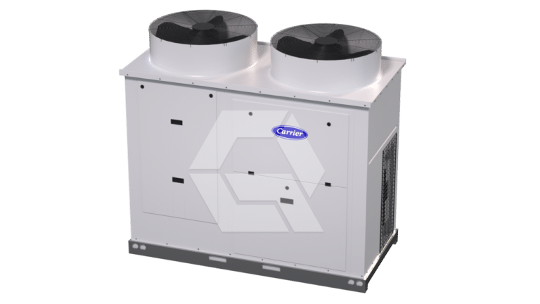 A large industrial air conditioning unit with two black fans on top and a white exterior marked with the Carrier logo, set against a plain white background.