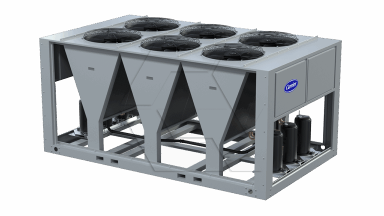 Large industrial air-cooled chiller unit with six fans on top, grey metal casing, and visible internal components, branded with the Carrier logo on the side.
