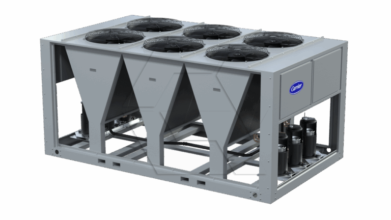 A large, industrial Carrier air-cooled chiller unit with six fans on top, angled vents on the front, and a visible metal frame, used for commercial HVAC cooling applications.