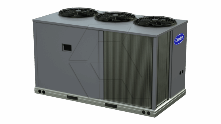 A large, rectangular industrial HVAC unit with three black fans on top and a Carrier logo on the side, set against a plain white background.