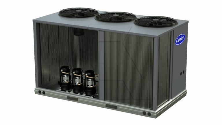 Rectangular industrial HVAC unit with three large fans on top, exposed compressor components inside, and a "Carrier" logo on the side, set against a plain white background.