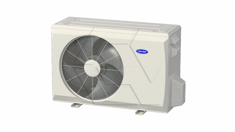 A white Carrier outdoor air conditioning unit with a large circular fan on the front, set against a plain light background.