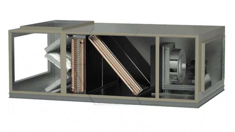 A cutaway view from the Equipment Library -Air Units shows an industrial air handling unit with air filters, a heating or cooling coil, an angled black heat exchanger, and a motorized fan assembly.