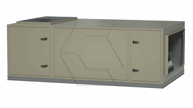 A large rectangular beige metal Equipment Library -Air Unit with two front doors featuring black handles, a raised square section on the top left, and an open section on the right revealing internal components.