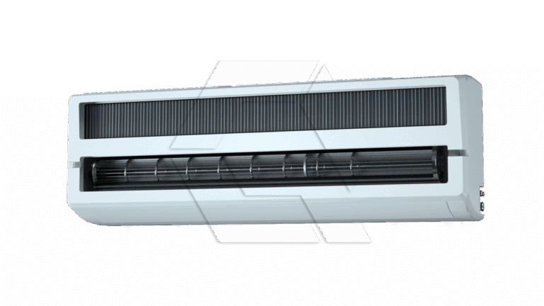 A white wall-mounted air conditioner unit with a horizontal vent and slatted front panel, photographed against a plain light background.