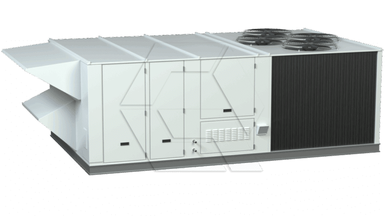 A large rooftop HVAC unit with vent openings on the left, access panels in the center, and three circular fans on top of a black grille section to the right, on a light background.