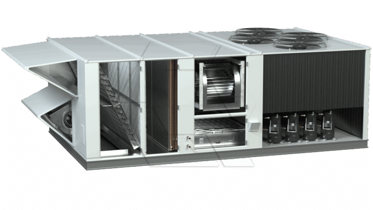 A cutaway view of a large rooftop HVAC unit, showing internal components like filters, fans, coils, and electrical controls, with three large fans visible on the top of the unit.
