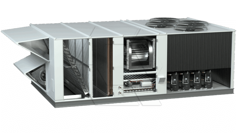 Cutaway view of a large industrial HVAC rooftop unit showing internal components, including filters, coils, blower fan, compressors, and electrical controls, all housed in a rectangular metal casing.