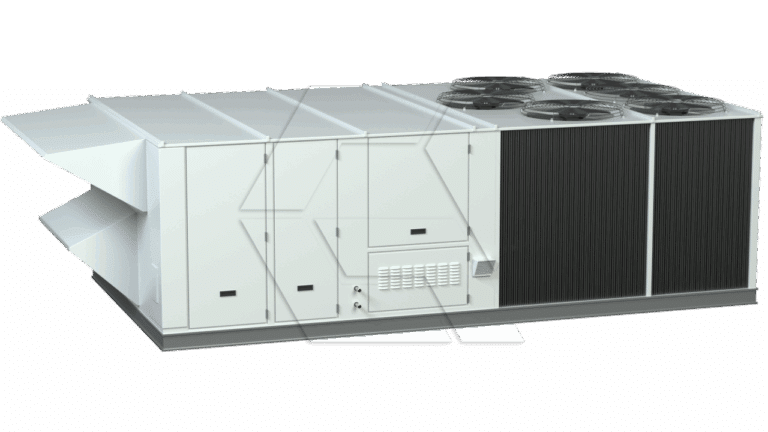A large industrial rooftop HVAC unit with four circular fans on top, metallic panels, side vents, and service access doors, designed for commercial building climate control.