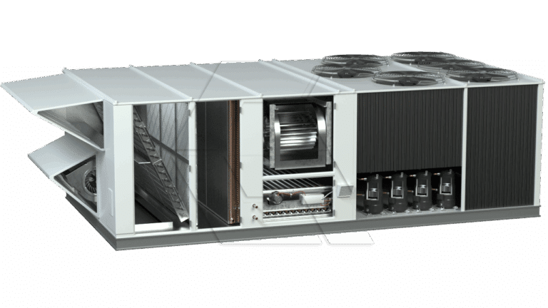 A large commercial HVAC rooftop unit with panels removed to show internal components, including fans, filters, coils, blowers, and electrical controls, against a plain background.
