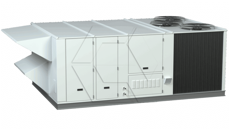 A large industrial HVAC rooftop unit with multiple compartments, intake and exhaust vents, and two circular fans on top, designed for commercial heating, ventilation, and air conditioning.