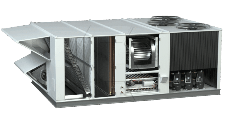 A cutaway view of a large industrial HVAC rooftop unit, showing internal components like fans, filters, coils, compressors, and control panels arranged inside a metal enclosure.
