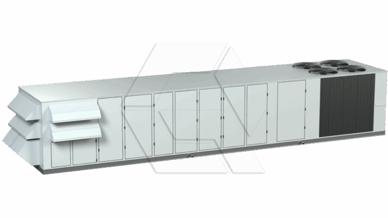 Large industrial HVAC unit with multiple access panels, ventilation ducts on the left side, and four large cooling fans on the right end, against a plain white background.