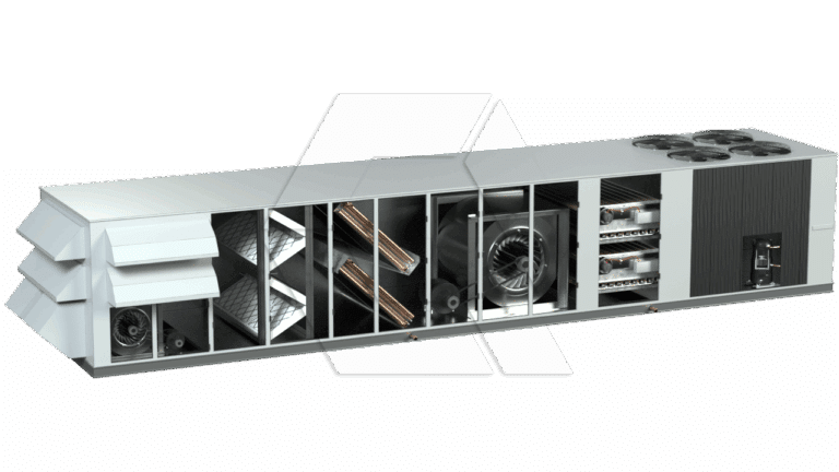 Cutaway view of a large industrial HVAC unit showing internal components such as fans, filters, heating and cooling coils, and compressors, with visible airflow pathways and external vents.