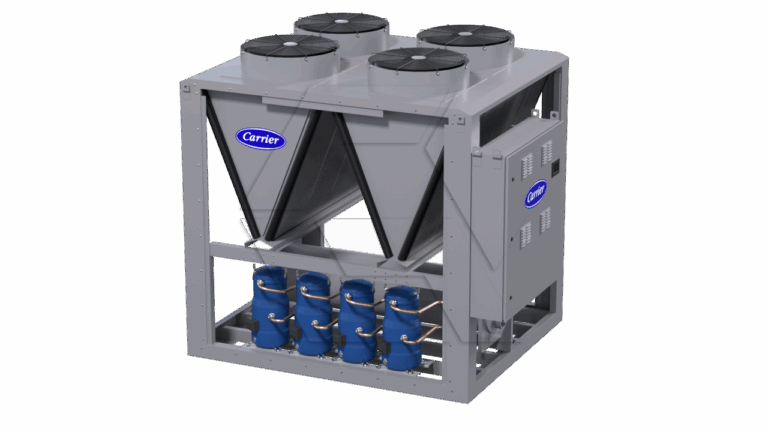 A large industrial Carrier HVAC chiller unit with four fans on top, labeled with the Carrier logo, and blue compressor components visible at the bottom front.