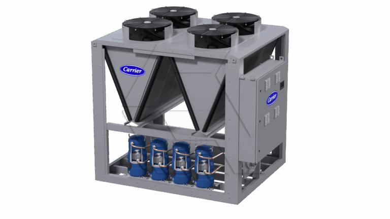 A large commercial HVAC chiller unit with four black fans on top, several blue compressors at the base, and "Carrier" logos on the front panels and side control box.