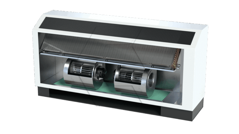 A 3D-rendered image of an HVAC air handling unit with its front panel open, showing dual cylindrical blower fans and internal components on a green mat inside the white metal housing.