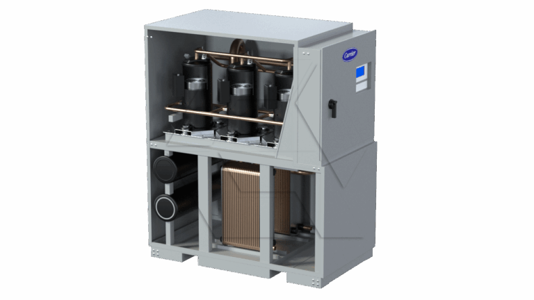 A commercial HVAC chiller unit with an open panel revealing internal components, including compressors, copper piping, and a heat exchanger, with a control panel on the right side.