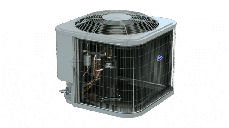 A 3D-rendered image of a gray outdoor air conditioning unit with a visible fan on top, exposed internal copper pipes, and a protective wire grill on the sides.