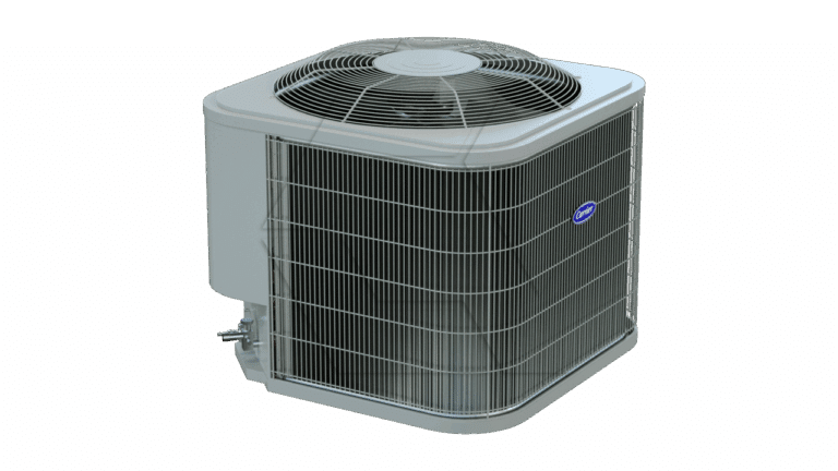 A silver outdoor air conditioning unit with a protective grille, horizontal vents, and a visible fan on top, set against a plain white background.