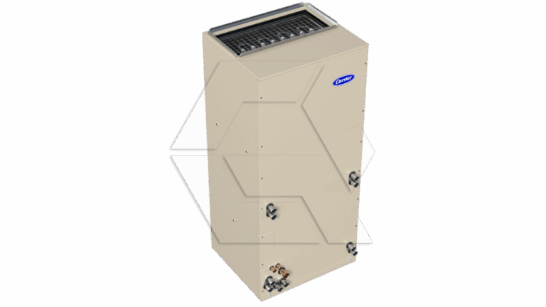 A beige vertical HVAC air handler unit with a blue Carrier logo, front access panels, metal piping, and electrical connections, set against a plain white background.