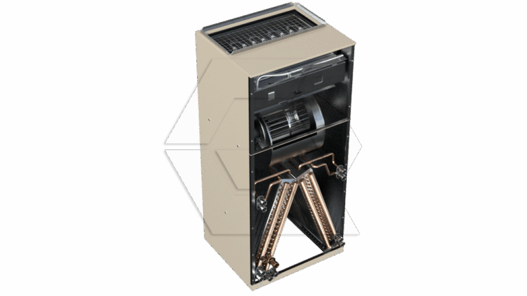 A cutaway view of an HVAC air handler unit reveals internal components, including a fan, coils, and angled copper piping, against a plain white background.