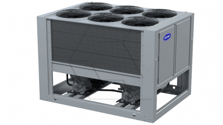 A large industrial air-cooled chiller unit with six circular fans on top and a metal frame, used for cooling systems. The Carrier logo is visible on the side panel.