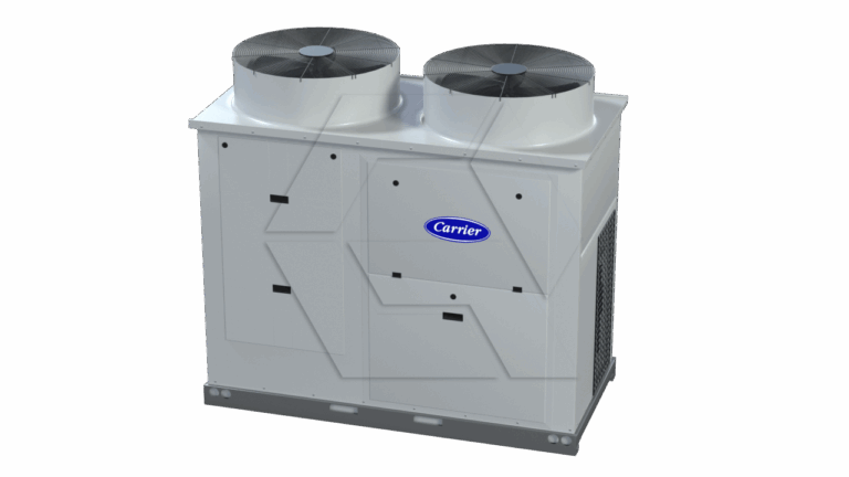 A large rectangular Carrier industrial HVAC unit with two circular fans on top, white metal casing, and a blue Carrier logo on the front, set against a plain background.