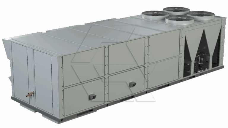 Large industrial HVAC rooftop unit with metal casing, ventilation openings, and four large fans on top, designed for cooling and climate control in commercial buildings. The background is plain and unobtrusive.