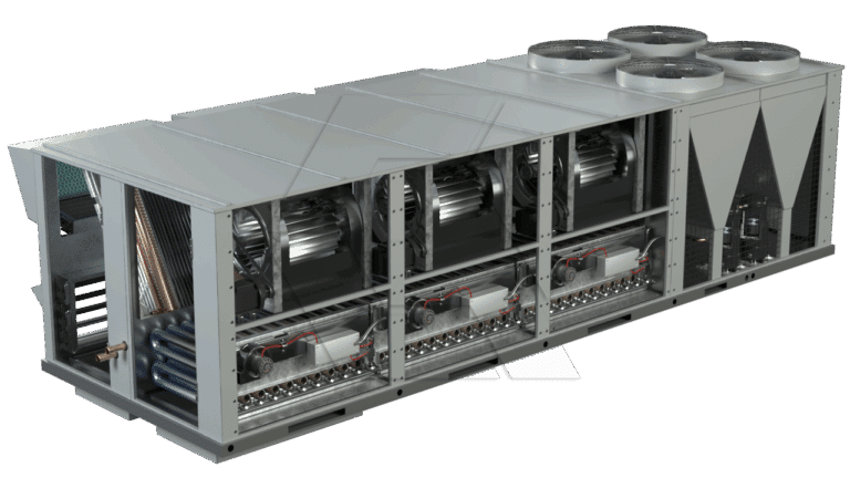 A large industrial HVAC unit with multiple fans on top, internal motors, coils, and exposed mechanical components, shown in a cutaway view to reveal its inner workings.