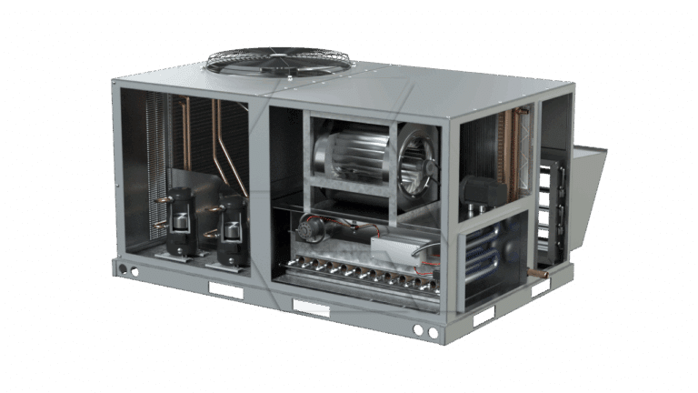 A large, metallic HVAC rooftop unit with visible internal components, including fans, coils, compressors, and electrical parts, shown against a plain white background.