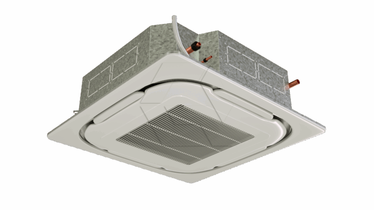 A ceiling-mounted cassette air conditioning unit with a square white vent cover and metallic housing, viewed from below and at an angle on a plain white background.