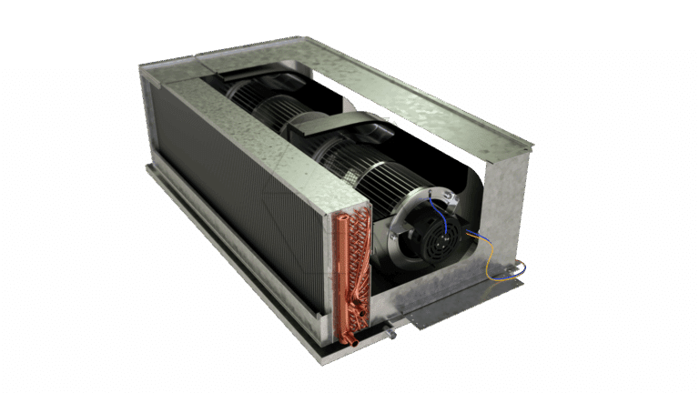 A metal fan coil unit for an HVAC system, featuring visible internal components such as the fan, copper piping, and coil, with exposed wiring on the side, set against a plain white background.