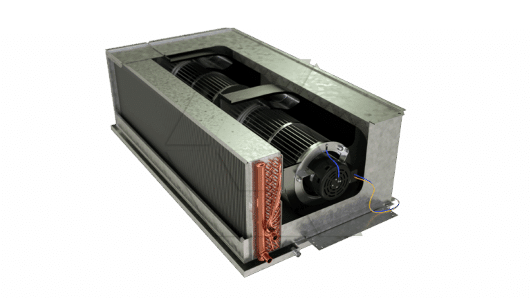 A metal ducted fan coil unit with exposed internal components, including a fan, wiring, and copper coils, used for heating or cooling air in HVAC systems. The unit is shown against a plain white background.