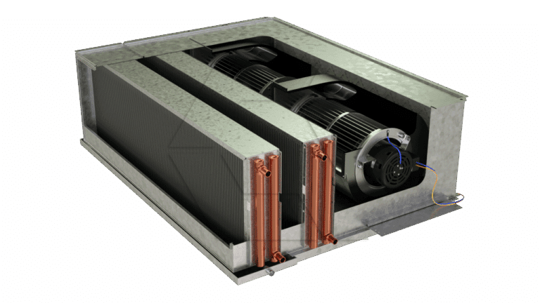 A metal HVAC fan coil unit with exposed internal components, including copper pipes, a blower fan, and wiring, set against a plain white background.