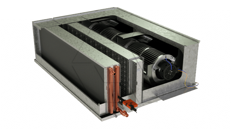 A metal HVAC fan coil unit with exposed cooling fins, copper pipes, black cylindrical fan, and electrical wiring, shown on a white background.