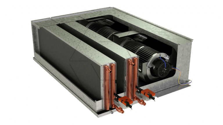 A metallic HVAC fan coil unit with exposed copper pipes, cooling fins, and a visible electric motor, isolated on a white background.
