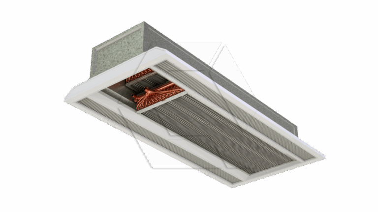 A ceiling-mounted HVAC unit with exposed copper coils and air vents, featuring a rectangular design with a gray casing and white trim.