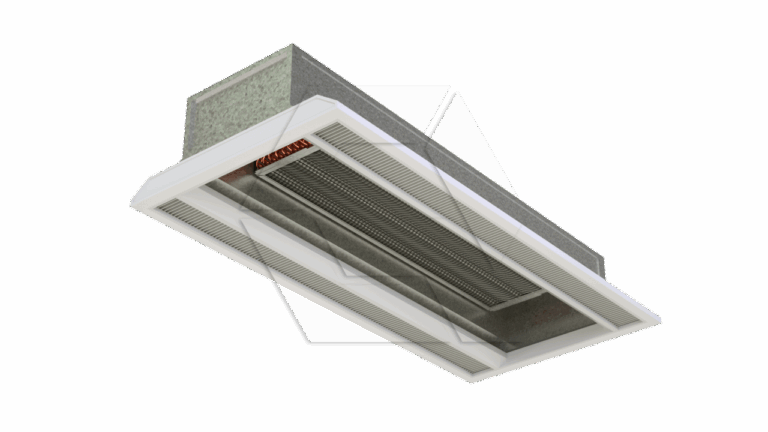 A rectangular ceiling-mounted air conditioner or ventilation unit with a white frame, metal vent grille, and a grey duct attached on top, isolated on a white background.
