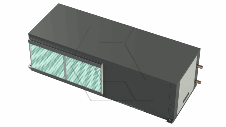 A black rectangular HVAC duct unit with green air filters on one side and copper pipe connections on the right end, viewed from an angled perspective against a white background.