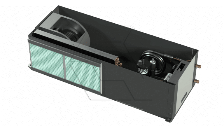 A rectangular, black HVAC fan coil unit with a visible fan, green air filter, copper piping, and internal components, designed for indoor climate control.