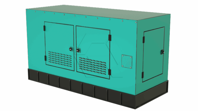 A large, teal industrial generator with two vented front doors and a side access panel, mounted on a black base, set against a plain white background.