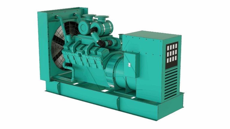 A large green industrial generator with vents, pipes, and a control panel, mounted on a metal base, isolated on a white background.
