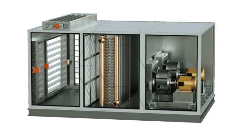 Cutaway view of a large industrial HVAC unit from the Equipment Library - Air Units, showing internal components like filters, copper coil, fans, and motors inside a metal rectangular housing.