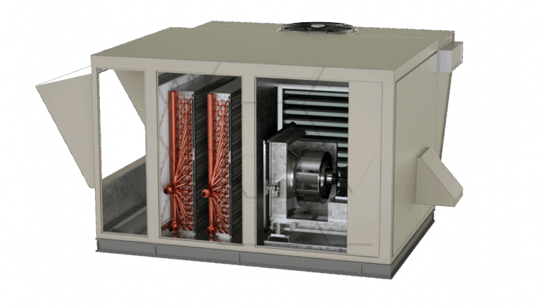 A large industrial HVAC unit with its side panels open, revealing internal components including copper coils, metal fins, and a large fan assembly. The exterior is light grey with vents on both sides and a fan on top.