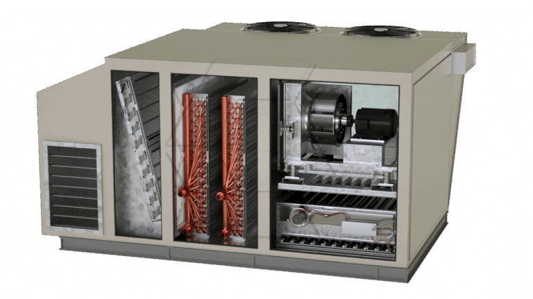 Cutaway view of a rooftop HVAC unit showing internal components, including copper coils, fans, filters, wiring, and control mechanisms, illustrating the air conditioning and ventilation system's inner workings.
