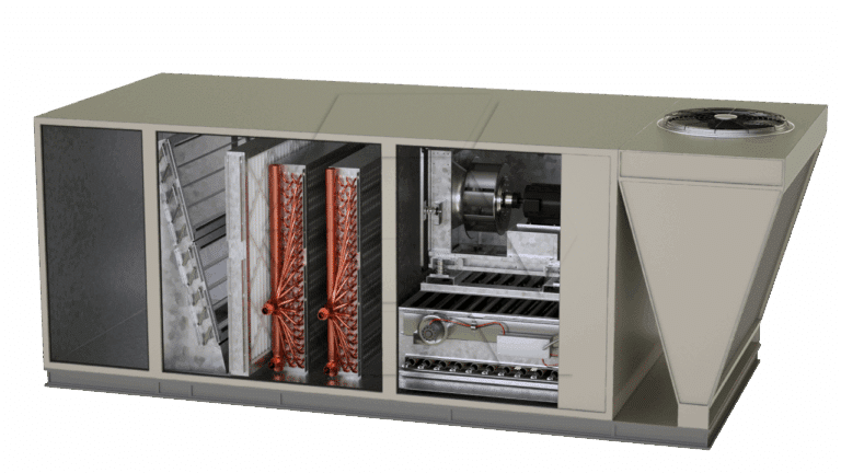 Cutaway view of a large industrial HVAC rooftop unit showing internal components including coils, fans, ductwork, and a fan unit on top.