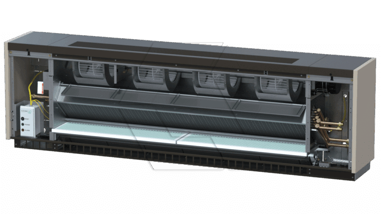 A cross-section view of a commercial air conditioning unit reveals internal components, including multiple fans, wiring, coils, and ductwork, all housed in a rectangular metal casing.
