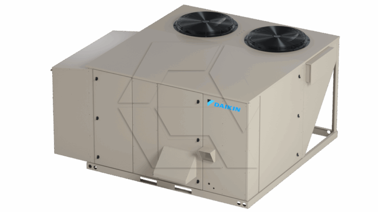 A large beige rooftop HVAC unit with two black circular fans on top and a blue Daikin logo on the side, shown on a white background.