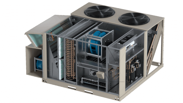 Cutaway view of a large industrial HVAC rooftop unit, showing internal components such as fans, coils, filters, compressors, wiring, and ducts, with two large circular fans visible on the top of the unit.